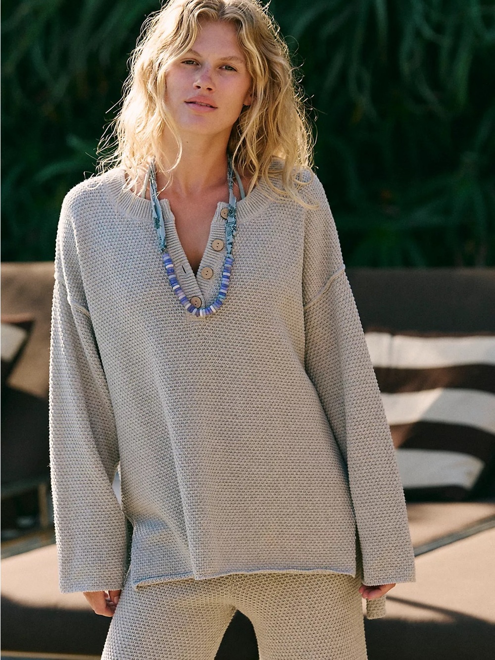 Free People Beach Button-Front Scoop Henley Hailee Sweater in Heather Gray - Picture 4 of 10
